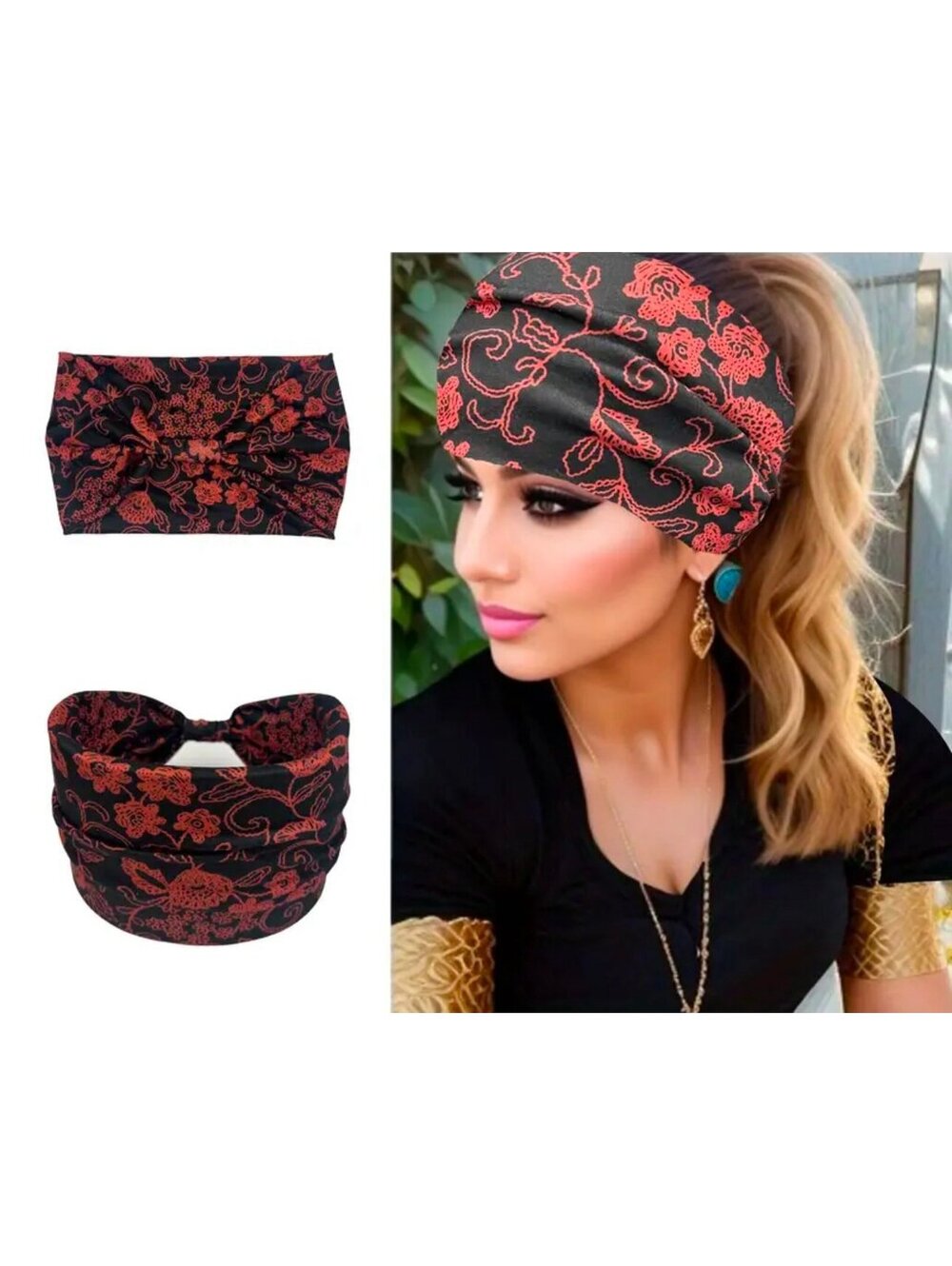 New - Thick Boho Chic Headband - Reds /Black